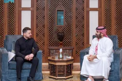 Prince Mohammed bin Salman bin Abdulaziz Al Saud, Saudi Crown Prince and Prime Minister, and Ukrainian President Volodymyr Zelenskyy meet in Jeddah on Friday. (SPA)