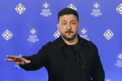 Ukrainian President Volodymyr Zelenskyy speaks as he chairs a meeting of the Congress of Local and Regional Authorities in Uzhhorod, western Ukraine, 09 April 2026, amid the Russian invasion. (EPA)