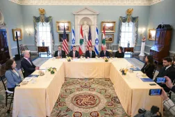 US Secretary of State Marco Rubio (C) speaks during a meeting with Lebanon's Ambassador to the US Nada Hamadeh Moawad (2R) and Israeli Ambassador to the US Yechiel Leiter (2L) at the State Department in Washington, DC, on April 14, 2026. (AFP)