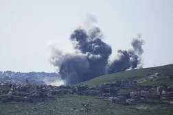 This photograph taken from the southern Lebanese area of Marjeyoun shows smoke rising from the site of an Israeli strike that targeted the village of Kfar Tibnit on April 16, 2026. (Photo by AFP)