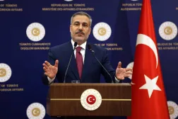 Turkish Foreign Minister Minister Hakan Fidan speaks during a joint press conference with Syrian Foreign Minister Minister Asaad al-Shaibani (not seen) after their meeting in Ankara, Türkiye, 09 April 2026.  EPA/NECATI SAVAS