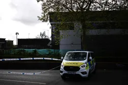 A Police van is parked outside of a warehouse park housing offices of a the Persian-language TV station, Iran International, in Wembley, northwest London on April 16, 2026. (Photo by Henry NICHOLLS / AFP)