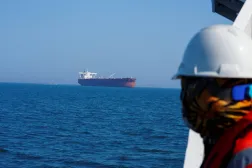The Malta-flagged tanker Agios Fanourios I, an oil tanker that sailed through the Strait of Hormuz, arrives in Iraq’s territorial waters off Basra, Iraq April 17, 2026. (Reuters) 