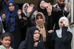 Mourners react during the funeral of Palestinians who were killed in an Israeli strike that took place on Tuesday, according to medics, at Al-Shati camp in Gaza City, April 15, 2026. REUTERS/Dawoud Abu Alkas