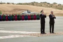 Former Turkmen president Gurbanguly Berdymukhamedov and Chinese Vice Premier Ding Xuexiang applaud during a ceremony launching the fourth of seven planned development phases at Galkynysh gas field, the world's second-largest gas field in the Karakum desert about 400 kilometres (250 miles) east of the capital Ashgabat, on April 17, 2026. (Photo by AFP)