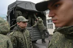 Russian conscripts called up for military service board a truck as they depart for garrisons, in Bataysk in the Rostov region, Russia April 10, 2026. (Reuters) 