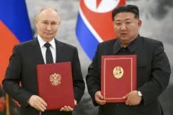 FILE - Russian President Vladimir Putin, left, and North Korea's leader Kim Jong Un pose for a photo during a signing ceremony of a new partnership in Pyongyang, North Korea, June 19, 2024. (Kristina Kormilitsyna, Sputnik, Kremlin Pool Photo via AP, File)