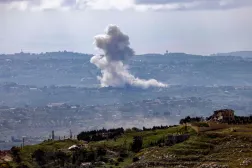 This picture taken from a position in Upper Galilee in northern Israel, near the border with Lebanon, shows smoke rising during Israeli strikes in southern Lebanon on April 27, 2026. (AFP)