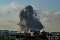  Smoke rises in Habboush following Israeli strikes, as seen from Nabatiyeh, Lebanon, May 1, 2026. (Reuters)