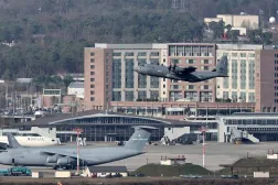A US Air Force aircraft takes off from the Ramstein Air Base, headquarter of the US Air Forces in Europe, near Landstuhl, Germany, 09 March 2026. (EPA) 