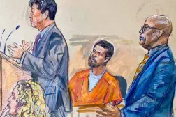 This courtroom sketch depicts Cole Tomas Allen, center, listening as his attorney Eugene Ohm, left, speaks to US Magistrate Judge Zia Faruqui, Monday, May 4, 2026, in Washington, as Tony Towns, the acting general counsel for the District of Columbia Department of Corrections, listens at right. (Dana Verkouteren via AP) 