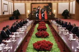 Chinese President Xi Jinping (6-L) and Pakistan's Prime Minister Shehbaz Sharif (4-R) attend a meeting at the Great Hall of the People in Beijing, China, 25 May 2026. (Pool/EPA)