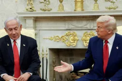 US President Donald Trump speaks alongside Israeli Prime Minister Benjamin Netanyahu during a meeting in the Oval Office of the White House in Washington DC, April 2025 (Reuters)