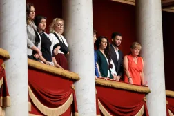 Members of the Gaza-bound humanitarian flotilla seized by Israeli soldiers attend a session of questions to the government at the National Assembly, France's Parliament lower house, in Paris on May 26, 2026. (AFP)