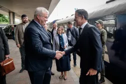 In this handout photograph taken and released by the Ukrainian Foreign Ministry on June 3, 2026, Ukraine's Foreign Minister Andrii Sybiha (L) greets NATO Secretary General Mark Rutte (R) upon his arrival in Kyiv, amid the Russian invasion of Ukraine. (Handout / Ukrainian Foreign Ministry / AFP) 
