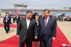 This picture taken on June 9, 2026 and released by North Korea's official Korean Central News Agency (KCNA) on June 10, 2026 shows North Korean leader Kim Jong Un (L) seeing off China's President Xi Jinping (R) during the latter's departure from Pyongyang International Airport. (KCNA via KNS / AFP)