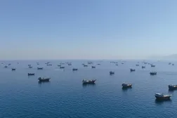 FILE PHOTO: A drone view of vessels anchored in the Strait of Hormuz as seen from Musandam, Oman, June 8, 2026. REUTERS/Stringer/File Photo