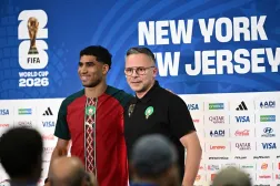 New York/New Jersey Stadium, East Rutherford, New Jersey, US - June 12, 2026 Morocco coach Mohamed Ouahbi and Achraf Hakimi during the press conference. (Reuters)