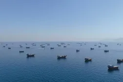 FILE PHOTO: A drone view of vessels anchored in the Strait of Hormuz as seen from Musandam, Oman, June 8, 2026. REUTERS/Stringer/File Photo
