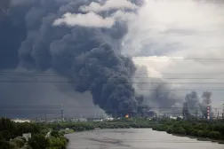 Thick plumes of smoke with flames rise from an oil refinery following a Ukrainian drone attack in the course of Russia-Ukraine conflict, in Moscow, Russia, June 18, 2026, in this picture obtained from social media. (Social media/via Reuters)