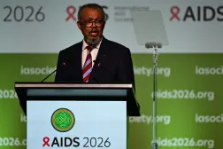 Dünya Sağlık Örgütü Genel Direktörü Tedros Adhanom Ghebreyesus, bu hafta Brezilya'nın Rio de Janeiro kentinde düzenlenen Uluslararası AIDS Konferansı'nda konuşurken (AFP)