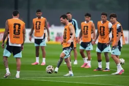  Argentina's Lionel Messi kicks the ball during a training session on the eve of the World Cup final match in Morristown, NJ, Saturday, July 18, 2026. (AP) 