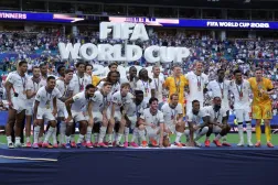 Players of England pose on the podium after receiving the third place medals for winning the FIFA World Cup 2026 3rd place playoff match France against England, in Miami, Florida, USA, 18 July 2026. (EPA)