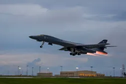 A US Air Force B-1B Lancer assigned to the 37th Expeditionary Bomb Squadron, takes-off to fly a bilateral mission with Japanese and South Korea Air Force jets in the vicinity of the Sea of Japan, from Andersen Air Force Base, Guam, October 10, 2017. (Staff Sgt. Joshua Smoot/US Air Force/Handout via Reuters) 