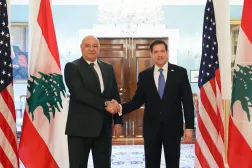 US Secretary of State Marco Rubio shakes hands with Lebanese President Joseph Aoun during a meeting at the US State Department in Washington on Sunday, July 19, 2026. (Lebanese Presidency on X) 