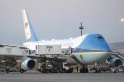 Catering trucks are parked at Air Force One on the tarmac as the motorcade carrying US President Donald Trump arrives on the tarmac to depart following the NATO summit at Ankara International Airport in Ankara, Türkiye, Wednesday, July 8, 2026. (AP Photo/Alex Brandon)