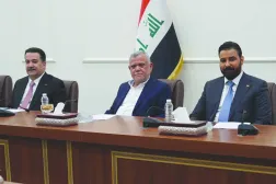 رئيس الحكومة علي الزيدي وعضو «التنسيقي» هادي العامري ورئيس تحالف «التنمية» محمد شياع السوداني (الإطار التنسيقي)