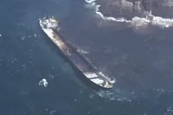 Aerial view of oil spilling from the oil tanker Caroline Bezengi into the water, off Al-Qibliyyah island, Hallaniyat Group Of Islands, Oman, August 13, 2026, in this still image taken from a handout video. (Reuters)
