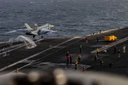 This US Navy handout photograph released on August 4, 2026, by US Central Command Public Affairs shows an F/A-18E Super Hornet launching from the flight deck of Nimitz-class aircraft carrier USS Abraham Lincoln on July 31, 2026. (AFP / US Navy / Navcent Public Affairs)