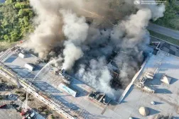 Firefighters work at the site of a shopping mall hit by Russian drone strikes in Kryvyi Rih, amid Russia's attack on Ukraine, in Dnipropetrovsk region, Ukraine August 21, 2026. Head of the Dnipropetrovsk Regional Military Administration Oleksandr Hanzha via Telegram/Handout via REUTERS
