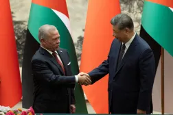 China's President Xi Jinping, right, and King Abdullah II of Jordan shake hands after a signing ceremony at the Great Hall of the People in Beijing, Monday, Aug. 24, 2026. (Andres Martinez Casares/Pool Photo via AP)