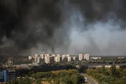 Smoke rises under a residential area following a Russian drone strike, amid Russia's attack on Ukraine, in Kyiv region, Ukraine, August 29, 2026. REUTERS/Alina Smutko