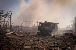 A view of the destruction after a Russian attack struck a warehouse, followed by an explosion, in the village of Myla, Kyiv region, Ukraine, Saturday, Aug. 29, 2026. (AP)
