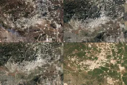 (COMBO) This combination of handout satellite images taken by Planet Labs PBC shows views of the village of Yaroun in southern Lebanon close to the border with Israel on (top L to R followed by bottom L to R) October 5, 2024; January 10, 2025; January 30, 2025; and on May 2, 2026.  (Photo by 2026 Planet Labs PBC / AFP)