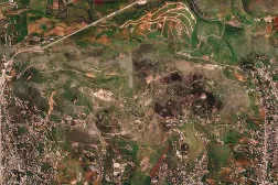 A satellite image shows damage at the Ali al-Taher ridge near Nabatiah, Lebanon, March 8, 2026. 2026 (Planet Labs PBC/Handout via Reuters)
