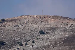 Destroyed stones on the top of Ali al-Taher ridge, which Israeli forces captured after fighting with Hezbollah and where the Israeli military said it blew up a network of Hezbollah tunnels Thursday night near Nabatieh town, southern Lebanon, Friday, Sept. 11, 2026. (AP)