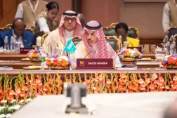 Minister of Foreign Affairs Prince Faisal bin Farhan bin Abdullah speaks at the BRICS Summit in New Delhi on Sunday. (SPA)