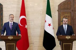 Syria's Foreign Minister Asaad al-Shaibani holds a press conference with Turkish Foreign Minister Hakan Fidan in Damascus, Syria, September 13, 2026. (Reuters) 
