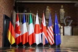 FILE PHOTO: Flags are pictured during the first working session of G7 foreign ministers in Muenster, Germany, November 3, 2022. REUTERS/Wolfgang Rattay/Pool/File Photo/File Photo