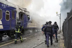 Firefighters extinguish a car of a passenger train hit by a Russian drone strike at a railway station, amid Russia's attack on Ukraine, in Lutsk, Ukraine September 12, 2026. (Press service of the State Emergency Service of Ukraine in Volyn region/Handout via Reuters) 
