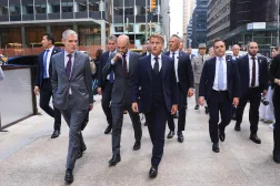 French President Emmanuel Macron (R) walks with Jerome Bonnafont (L), Permanent Representative of France to the United Nations and France’s Foreign Affairs Minister Jean-Noel Barrot (C) as they arrive at Trump Tower in New York City on September 21, 2026, ahead of a meeting with US President Donald Trump. (AFP) 