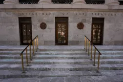 A general view of the entrance to the US Department of the Treasury on day two of a partial government shutdown in Washington, DC, US, February 1, 2026. (Reuters)
