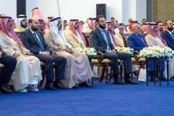 Syrian President Ahmed Al-Sharaa with businesspeople during the Saudi-Syrian Investment Forum in Damascus (SPA)