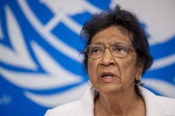 (FILES) Chair of the Independent International Commission of Inquiry on the Occupied Palestinian Territory, including East Jerusalem, and Israel, South African judge Navi Pillay, speaks during a press conference in Geneva on September 16, 2025. (Photo by Fabrice COFFRINI / AFP)