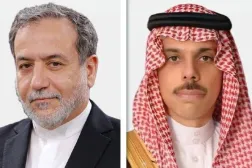 Saudi Minister of Foreign Affairs Prince Faisal bin Farhan bin Abdullah and his Iranian counterpart Abbas Araghchi. (Asharq Al-Awsat)
