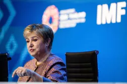 IMF Managing Director Kristalina Georgieva gestures during the Managing Director briefing on the Global Policy Agenda during the 2026 IMF-World Bank Group Annual Meetings at the Queen Sirikit National Convention Center (QSNCC) in Bangkok on October 14, 2026. (Photo by ANTHONY WALLACE / AFP)